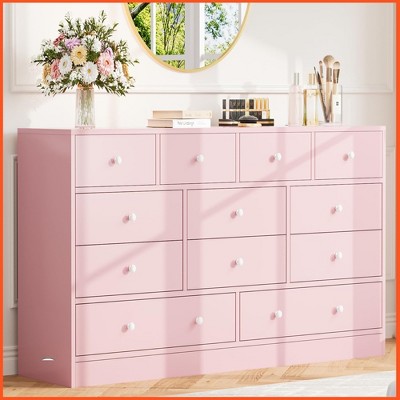 Homhougo Dresser for Bedroom,12 Drawer Dressers & Chests of Drawers, Wood Storage Drawer Dresser with Power Outlet, 61 Inch Pink