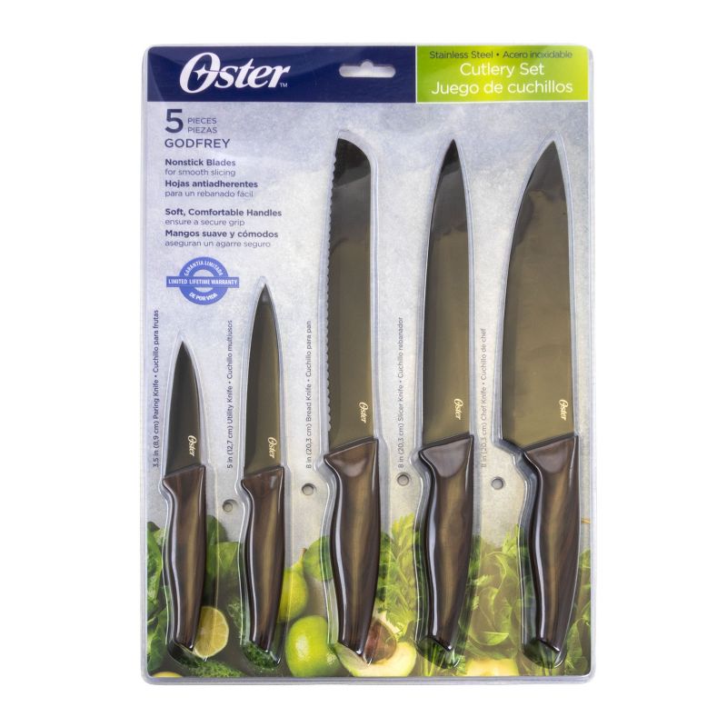 Oster Godfrey 5 Piece Stainless Steel Black Cutlery Set with Wood Print Handles, 3 of 12