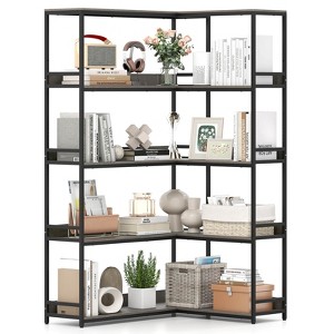 Costway Corner Bookshelf 5-Tier L-Shaped Bookcase 71" Tall Etagere Bookshelf with Metal Frame Brown/Gray - 1 of 4