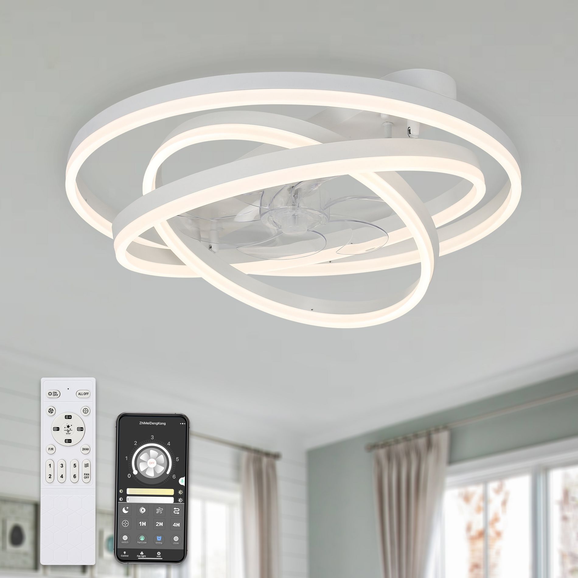 Bella Depot 24" Modern White Flush Mount Ceiling Fan with Dimmable Light, 6-Speed Reversible with Remote and APP Control