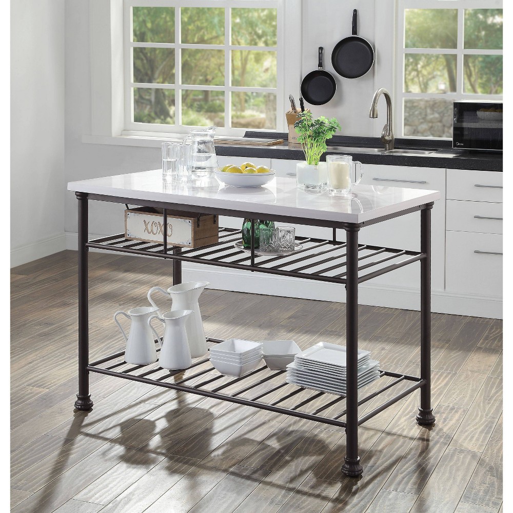50&#34; Freyja Kitchen Island White Cultured Stone/Gray Finish - Acme Furniture: Metal Frame, Storage Shelves