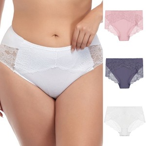 Agnes Orinda Women's 3-Pack Lace Trim High-Rise Solid Brief Stretchy Underwear - 1 of 4