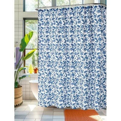 LunaLulinlk White and Blue Crushed Fabric Shower Curtain
