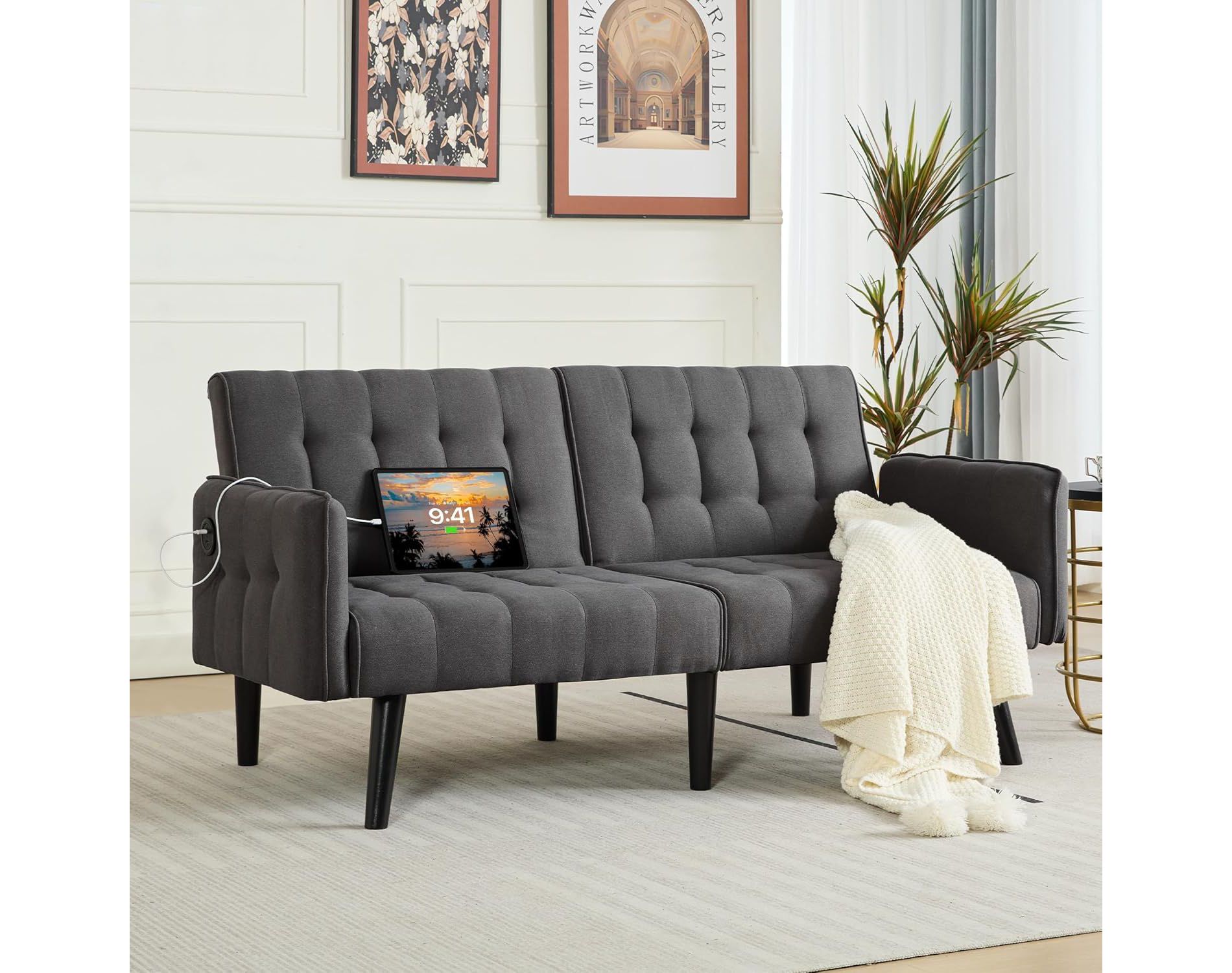 TYBOATLE 65" Convertible Loveseat Sofa Bed with USB Ports, 3-Position Adjustable Backrest, Modern Tufted Small Sofa