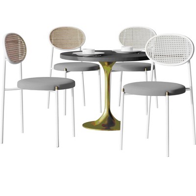 LeisureMod 5-PC Dining Set - 36" Round Dining Table Black MDF Top & Gold Base, 4 Velvet Dining Chairs in White Steel Legs