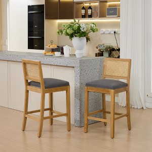 Okak Set of 2 Linen Cushion Counter Height Bar Stools for Dining Rooms,Armless Chairs Kitchen Island Bar Stools with Rattan Back - 1 of 4
