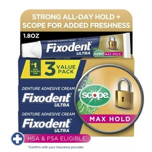 Fixodent Ultra Max Hold Plus Scope Secure Denture Adhesive, 1.8oz, 3 Pack - 1 of 4
