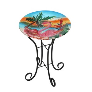 LuxenHome Flamingo Glass Birdbath with Metal Stand Pink - 1 of 4