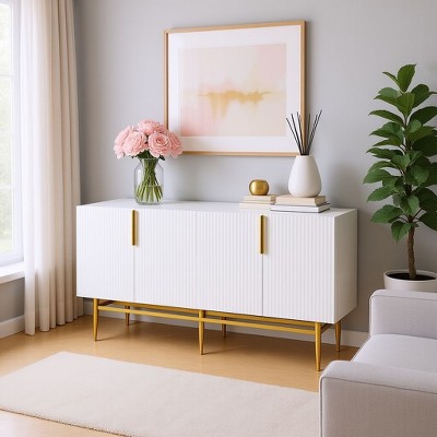 Homy Casa White 2-Door Accent Cabinet with Fluted Design and Gold Base for Dining or Living Room