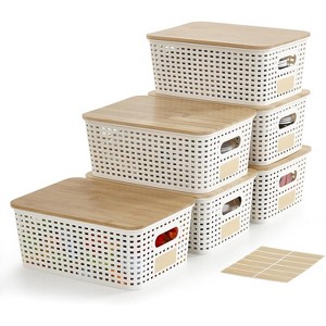 Aoibox Small Plastic Storage Bins with Bamboo Lids Stackable 5.2qt Organizing Containers with Labels Cream White 6 Pack - 1 of 4