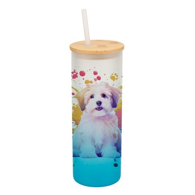 100 North 25 Ounce Frosted Glass Gradient Travel Tumbler With Straw & Wooden Lid, Havanese Dog Paint Splatter Sky Blue
