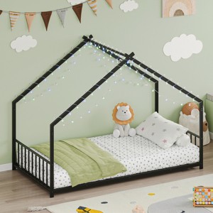 FONTOI Twin Size Kid Bed Frame Beds, Floor Bed House Shape Iron Platform Bed with Fence for Bedroom Kid Room, Black, 78.5"*40.94"*58.4" - 1 of 4