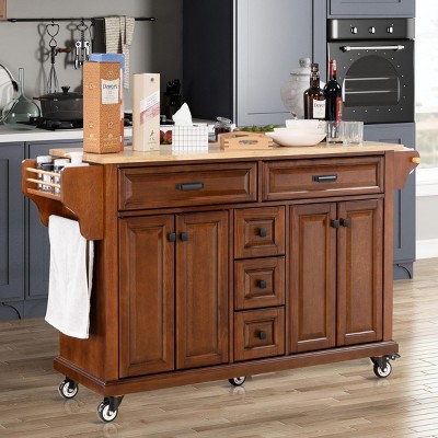 Wood Top Kitchen Island Cart with Wheels, 4 Doors & 5 Drawers, Rolling Storage Cabinet for Kitchen or Dining-The Pop Home