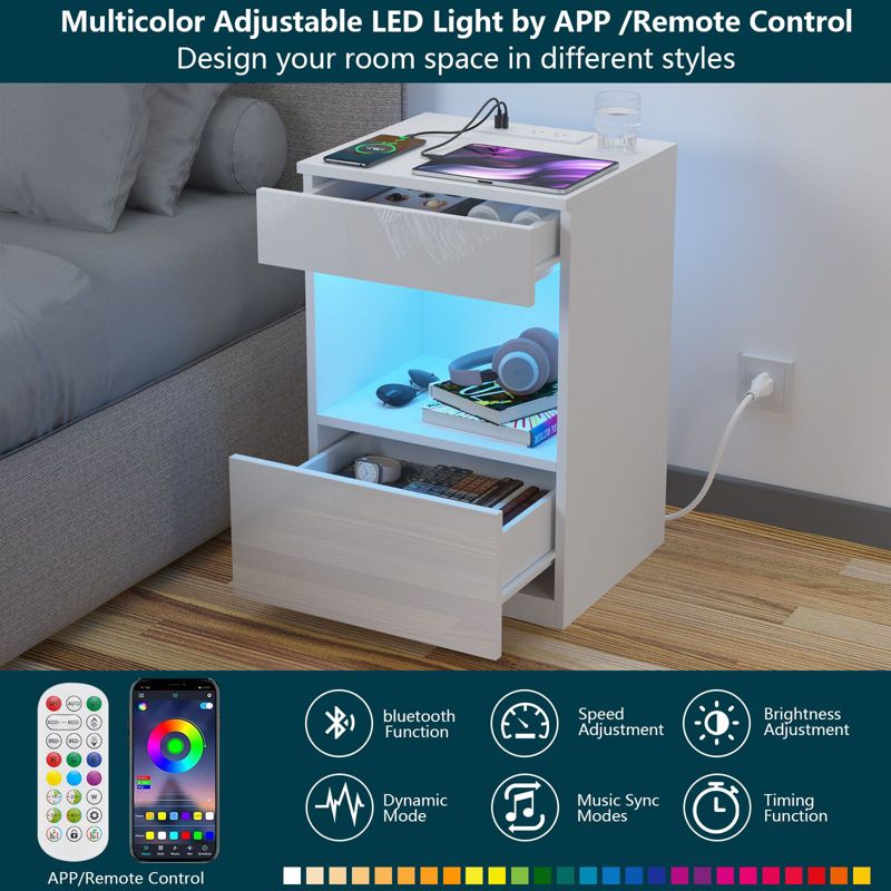 Hommpa 2 Drawers Nightstand Open Shelf with LED light + Charging Station, 5 of 10