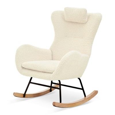 Nursery Rocking Chair Teddy Upholstered Glider Chair, Modern Rocking Accent Chairs with High Backrest Armchair Lounge for Bedroom, Living Room Beige