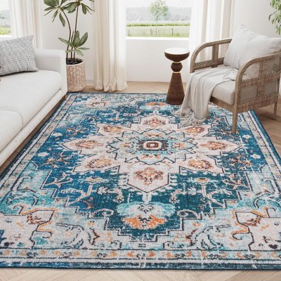 Kumasinova Vintage Boho Area Rug, Washable Rug with Floral Pattern, Faux Cashmere Living Room Rug, Non-Slip Rugs, Stain-Resistant Door Mat