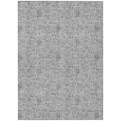 Silver Gray And Charcoal Floral Washable Indoor Outdoor Area Rug