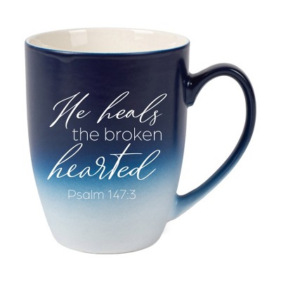 Elanze Designs He Heals The Broken Hearted Two Toned Ombre Matte Navy Blue and White 12 ounce Ceramic Stoneware Coffee Cup Mug