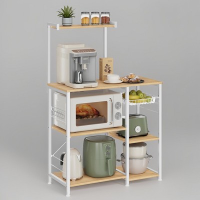 Bakers Rack, Microwave Stand, Kitchen Storage Rack with Wire Basket, 6 Hooks, and Shelves