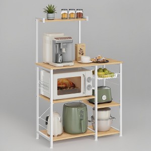 Bakers Rack, Microwave Stand, Kitchen Storage Rack with Wire Basket, 6 Hooks, and Shelves - 1 of 3