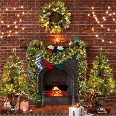 Pre-lit Xmas Tree Artificial Christmas 4-Piece Set with Garland, Wreath and Set of 2 3FT Entrance Trees X-mas with LED Lights-The Pop Home