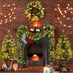 Pre-lit Xmas Tree Artificial Christmas 4-Piece Set with Garland, Wreath and Set of 2 3FT Entrance Trees X-mas with LED Lights-The Pop Home - 1 of 4