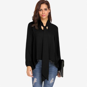Anna-Kaci Women's Long Sleeve Blouse with Tie Neck and Flowing Hem - 1 of 3
