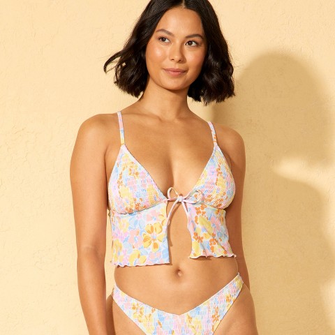 Wild Fable Women's Smocked Tie-Front Fly Away Floral Print Tankini Top - Wild Fable™ Pink/Yellow/Blue M