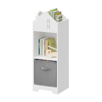 Ruvalino Decorative Bookshelf Dollhouse Bookcase with Fabric Drawers for Kids Playroom Nursery, White Gray, 12.3"*11.8"*35.8"