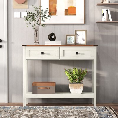 Vynxaria Dual Tone Entryway Table with 2 Drawers and Open Shelf, Multi Purpose Console Table with Metal Accents, Tool Free Assembly