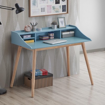 INFURNIC Desks Mid Century Modern Wood Writing Desk with Hutch and Open Pigeonholes for Storage, Blue, 43.3"*24.5"*36.8"
