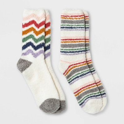 Women's Rainbow Striped 2pk Cozy Crew Socks - Ivory 4-10