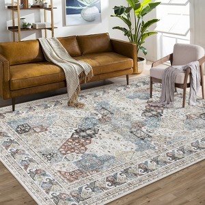 Washable Area Rugs, Non-Slip Neutral Vintage Distressed Soft Rug, Low Pile Stain-Resistant Carpet, Indoor Foldable Print Floor Mat - 1 of 4
