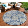 Navy Blue And Beige Floral Washable Indoor Outdoor Area Rug - 2 of 4