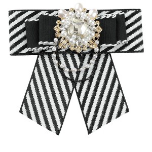 INSPIRE CHIC Women's Striped Rhinestone Bow Tie Fashion Faux Pearl Bow Tie Pin with Hanging Chain - 1 of 4