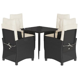 vidaXL 5 Piece Patio Dining Set - Adjustable Reclining Chairs with Cushions, Tempered Glass Tabletop, PE Rattan - Garden, Backyard, Patio Use - Black - 1 of 4
