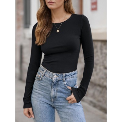 Women's Long Sleeve Knit Shirts Tops Soft Crewneck Blouse Stretch Fitted Fall Business Casual Y2K Outfits