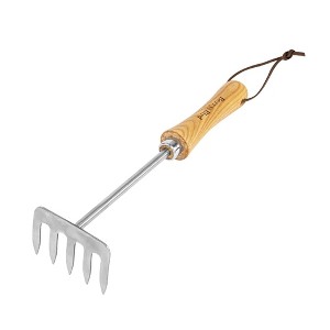 Itopfox Premium Hand Rake for Gardening, 5 Tines Hand Tiller Cultivator Small Rake Tool with Wood Handle, Ideal for Digging, Aerating, Weeding - 1 of 4