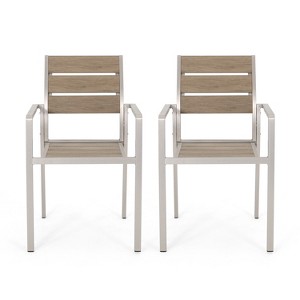 GDFStudio Crested Bay Outdoor Aluminum and Faux Wood Dining Chairs (Set of 2) - 1 of 4