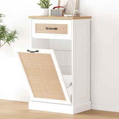 Rattan Trash Cabinet, Tilt Out Trash Cabinet with 10 Gallon Storage, Hidden Pet-Proof Garbage Can Cabinet for Kitchen Dining Living Room, White