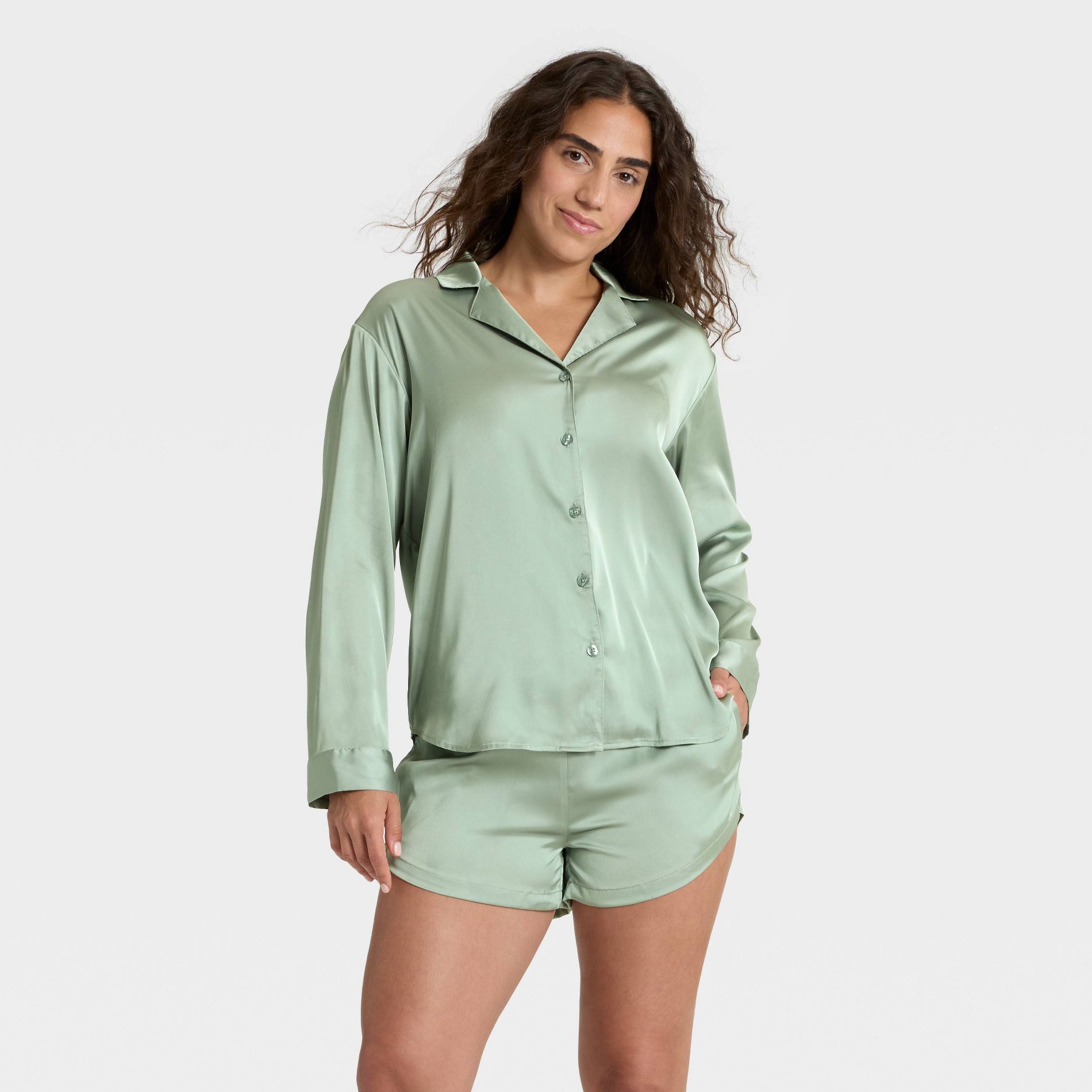 Women's Satin Notch Collar Long Sleeve Shirt and Shorts Pajama Set - Auden™