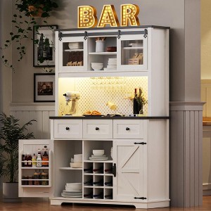 71" Farmhosue Pantry Bar Cabinet with Internal Pegboard Storage Rack,Power Outlet,Kitchen Cabinet with Sliding Door,9 Wine & Glasses Rack,3 Drawers - 1 of 4