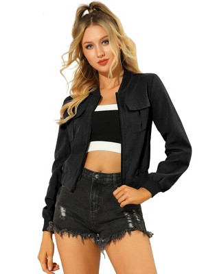 INSPIRE CHIC Women's Stand Collar Zip Up Flap Pocket Bomber Jacket