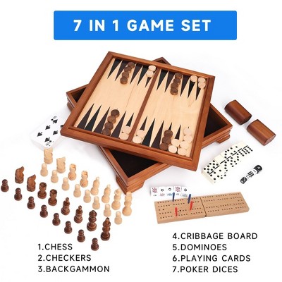 Deluxe Wooden 7-in-1 Board Game Set with Storage