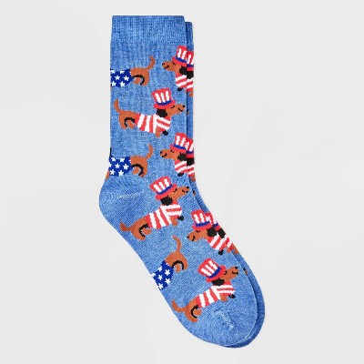 Women's Patriotic Dachshunds Crew Socks - Denim Heather 4-10: Lightweight Knit, Banded Cuff, Animal Prints
