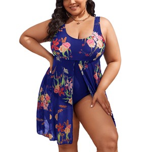 Swimsuits for Women Floral One Piece Swimsuits Tank Swim Dress U Neck Flowy Swimsuits Floral Bathing Dress - 1 of 4