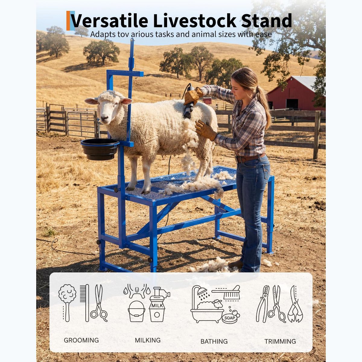 47in Adjustable Metal Goat Stand with Feeder, Heavy Duty 600 lb Capacity for Grooming Shearing and Milking - thumbnail 5