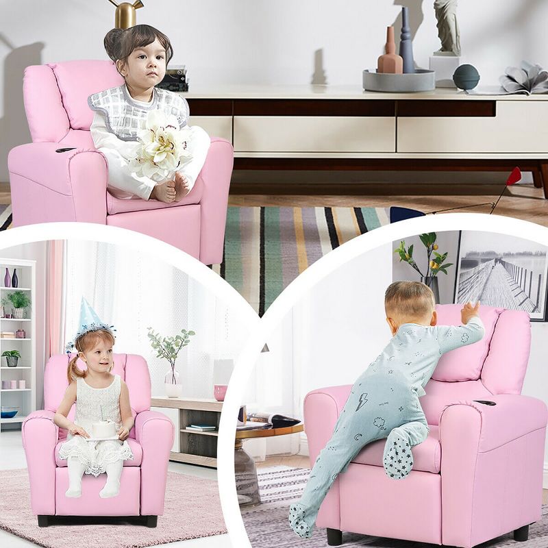 Costway Kids Recliner Armchair Children's Furniture Sofa Seat Couch Chair w/Cup Holder Pink, 4 of 11