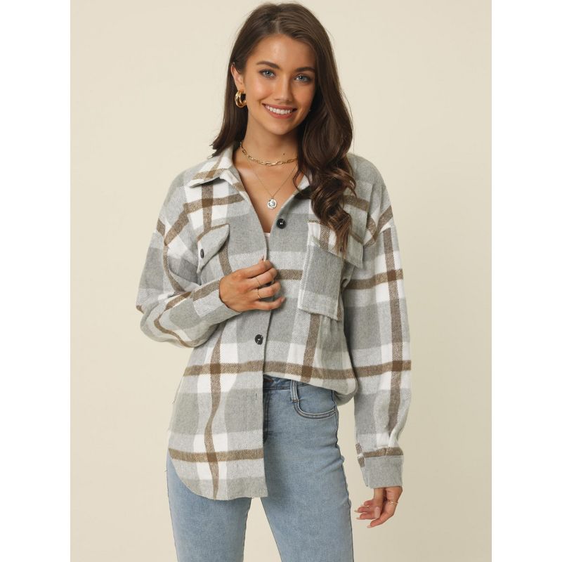 Seta T Women's Fall Winter Button Front Closure Long Sleeve Plaid Jacket with Pockets, 2 of 6
