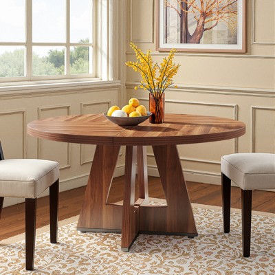 Lirago 47" Round Solid Wood Dining Table Farmhouse Style Kitchen Table 4 Person Dinner Table Rustic Country Dining Furniture Brown